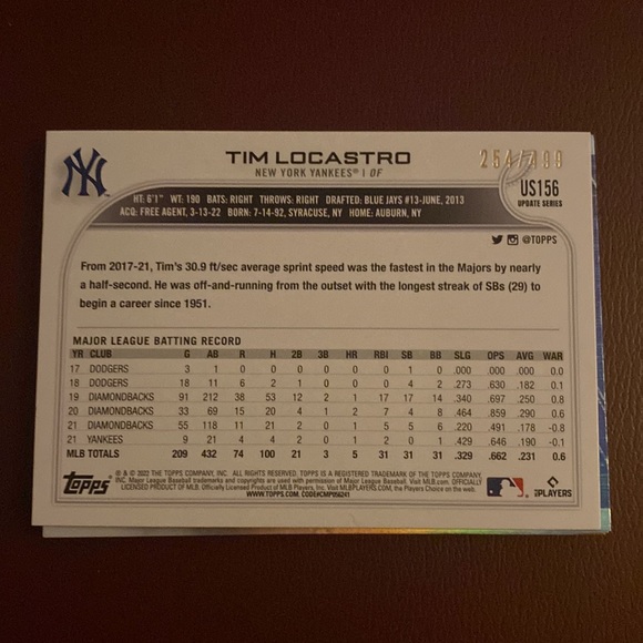 2022 Topps Tim Locastro green Parallel 254 out of 499 - Picture 2 of 3